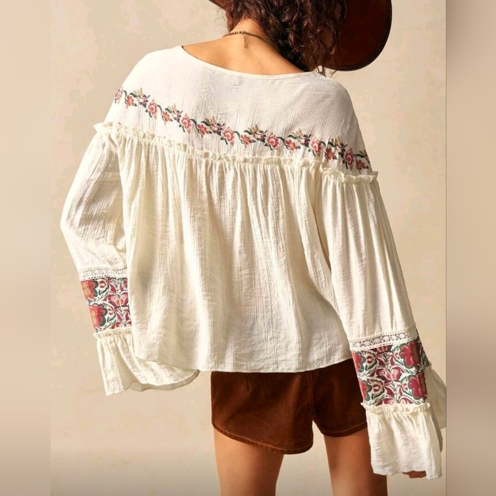 New Boho Floral Print Lace Up Top Flare Ruffle Long Sleeve Ivory Cream - Picture 5 of 8